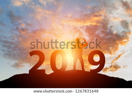 Silhouette photo of the man standing on mountain for Happy new year 2019. Celebration new year, happy victory and success concept.
