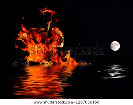bright fire on the sea surface and full moon