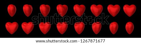Collection of red hearts on black background. 3d Illustration. Effect animation of rotating. For video effects, game development