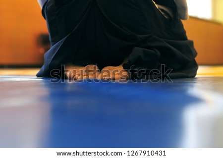 Aikido background. A man sits in zazen on a blue wrestling mat. Web banner with place for text. 
