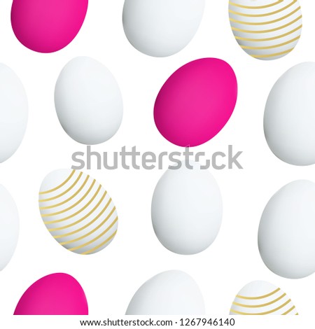 Easter egg seamless pattern made in realistic style and clipping mask. Neon pink, golden stripped, naturally white egg’s variation. Elegant and bright  holiday design.