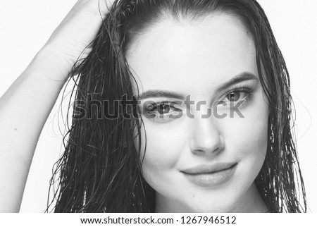 Monochrome beauty face woman healthy skin care closeup isolated on white