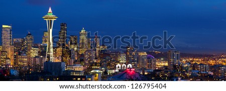 Seattle skyline panorama at dusk, WA, USA