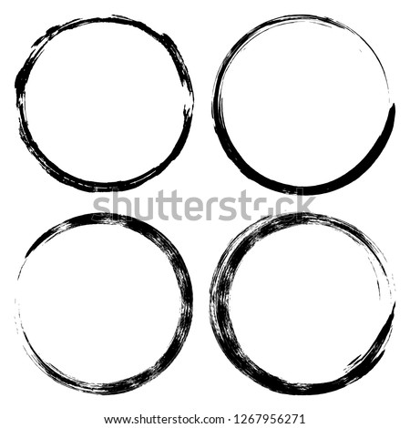 Set brush strokes paint circles. Ink hand-drawn paint brush circle. Logo, label design element vector illustration, black abstract circle frame, coffee Cup footprint