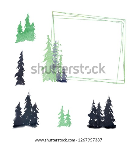 Watercolor set. Happy New Year congratulation greeting card. Frame for logo with trees