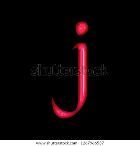 Glowing neon pink glass letter J (lowercase) in a 3D illustration with a shiny bright pink glow and old fashioned font type style isolated on black background with clipping path