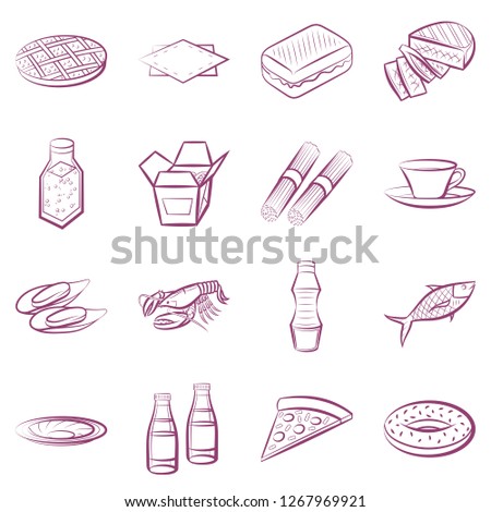 American food, Drinks, Japanese food, Seafood and Table setting set. Background for printing, design, web. Usable as icons. Color.