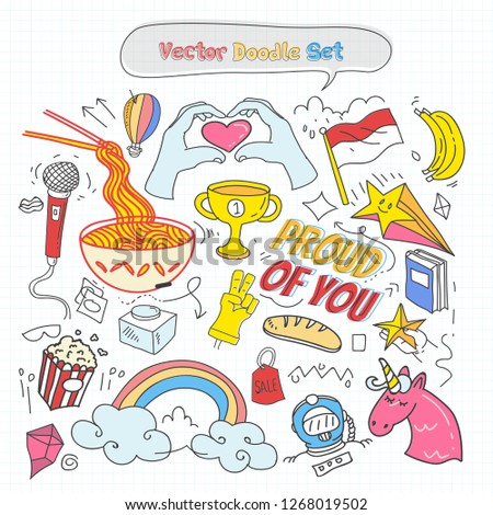 Set of Hand Drawn Doodle Miscellaneous theme on Grid Paper. Vector Illustration Eps.10.
