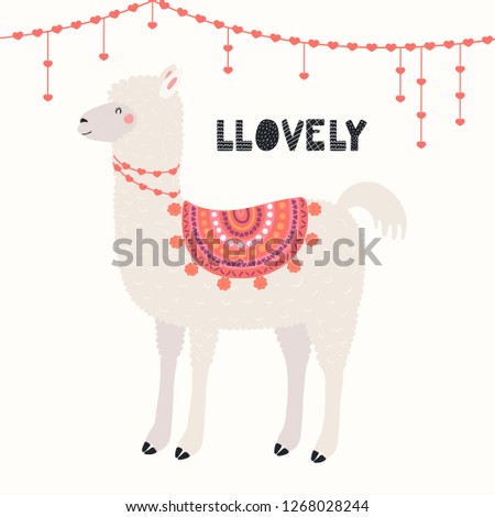 Hand drawn Valentines day card with cute funny llama, heart decorations, text Llovely. Vector illustration. Scandinavian style flat design. Concept for celebration, invite, children print.