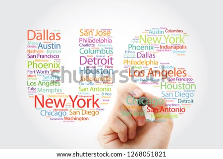 US letters with cities names word cloud, concept with marker