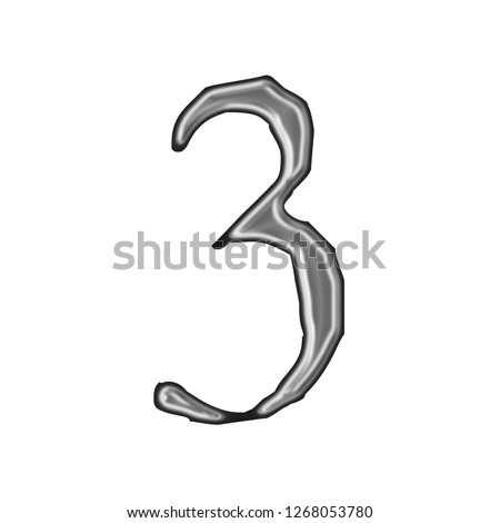 Shiny metallic number three 3 in a 3D illustration with a smooth metal surface finish in a silver gray color with a jagged font style isolated on a white background