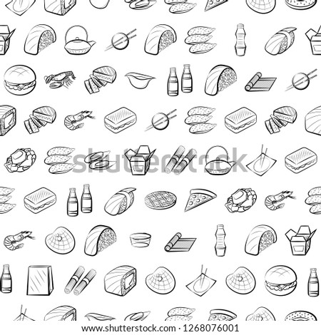 American food, Japanese food and Seafood set. Background for printing, design, web. Usable as icons. Seamless. Monochrome binary, black and white.