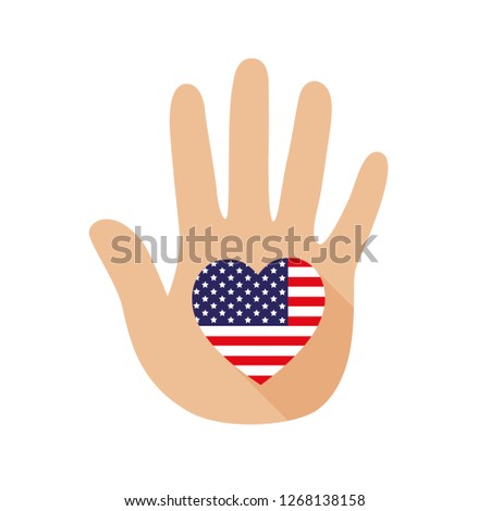 Open hand with a heart shape and America flag. Hand and five fingers.Vector icon, sign, symbol.