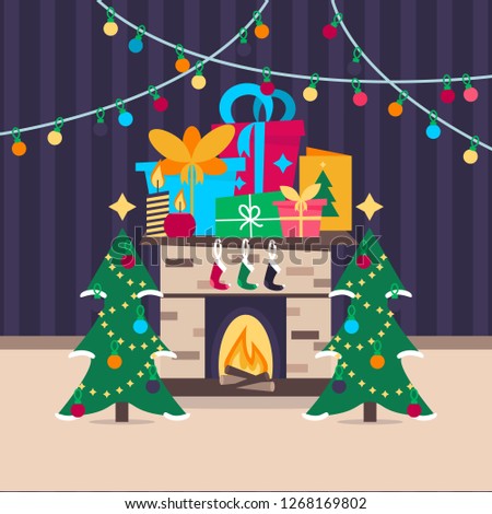 Christmas fireplace with gifts, socks and candles  in the house.Winter room with lights.Flat cartoon style vector illustration. - Vector