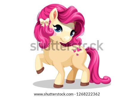 Beautiful little white pony with beautiful pink colored hairstyle in standing pose vector illustration