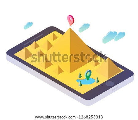 3d isometric smartphone with desert sandy landscape, oasis, cloud, trees and pyramid. Design concept for mobile gps or tracking navigation application. Vector infographic template.