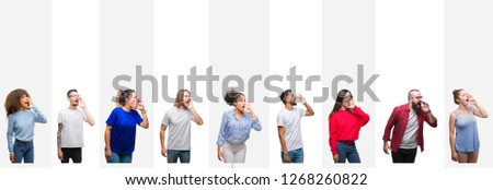 Collage of different ethnics young people over white stripes isolated background shouting and screaming loud to side with hand on mouth. Communication concept.
