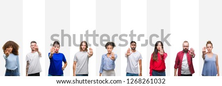 Collage of different ethnics young people over white stripes isolated background doing stop sing with palm of the hand. Warning expression with negative and serious gesture on the face.