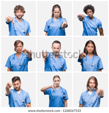 Collage of group of professional doctor nurse people over isolated background looking unhappy and angry showing rejection and negative with thumbs down gesture. Bad expression.