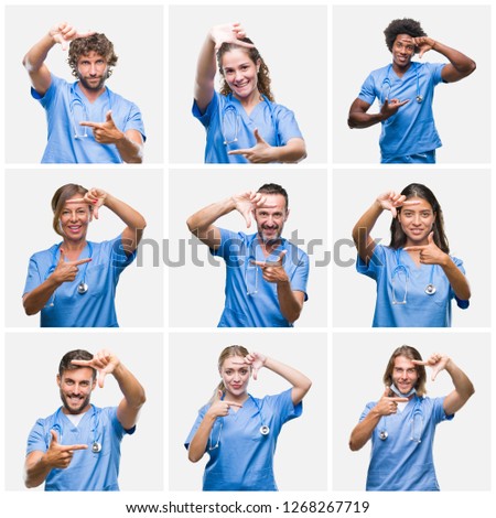 Collage of group of professional doctor nurse people over isolated background smiling making frame with hands and fingers with happy face. Creativity and photography concept.