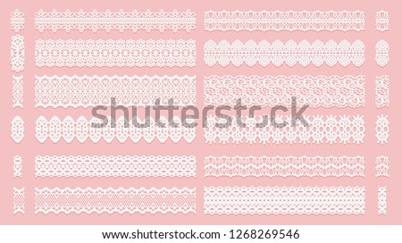 Set of lace pattern brushes. Tracery ribbons isolated on a pink background. Elements for decor scrapbooking wedding invitations and cards. Vector illustration.