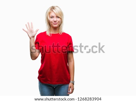 Young beautiful blonde woman wearing red t-shirt over isolated background showing and pointing up with fingers number five while smiling confident and happy.