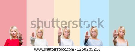 Collage of beautiful blonde woman over colorful stripes isolated background doing stop sing with palm of the hand. Warning expression with negative and serious gesture on the face.