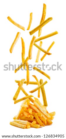 French fries - flying fried potatoes, fastfood Royalty-Free Stock Photo #126834905