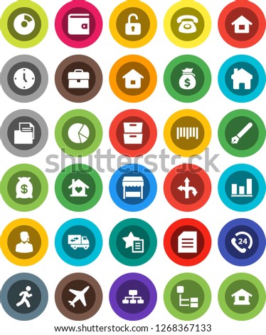 White Solid Icon Set- pen vector, document, archive, graph, pie, wallet, money bag, case, clock, hierarchy, run, route, plane, phone 24, barcode, home, favorites, house, relocation truck, love