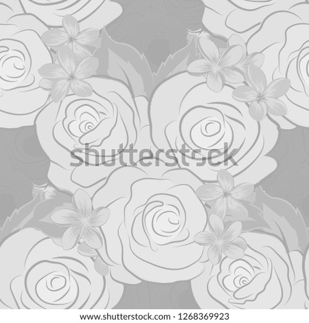 Seamless pattern with rose flowers and green leaves in gray colors. Floral background with watercolor effect. Textile print for bed linen, jacket, package design, fabric and fashion concepts.
