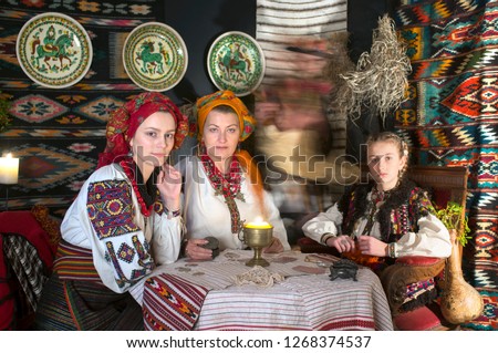 Ukrainians Hutsuls in the Carpathians in traditional ancient  costumes ornaments, which for more than a hundred years show the life and culture of our ancestors of the Slavs of Ukraine