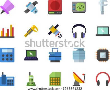 Color flat icon set weighing machine flat vector, trammel, satellite antenna, motherboard, SIM card, statistic, calculator, telephone, copy, laptop, satellit, oscilloscope, drawing pin, headset