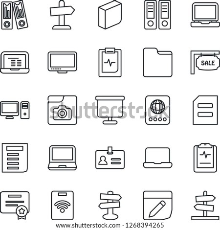 Thin Line Icon Set - passport vector, identity, office binder, notebook pc, document, pulse clipboard, signpost, monitor, laptop, folder, notes, photo gallery, presentation board, blank box, sale