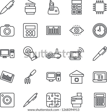 Thin Line Icon Set - wireless notebook vector, calculator, pen, pc, garden fork, clock, barcode, camera, touch screen, radio phone, mobile, eye id, copier, smart home, chip, router
