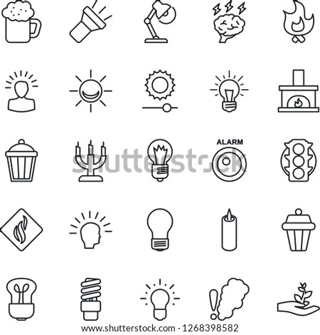 Thin Line Icon Set - brainstorm vector, bulb, fire, garden light, traffic, torch, brightness, desk lamp, fireplace, beer, candle, smoke detector, energy saving, outdoor, alarm led, shining head