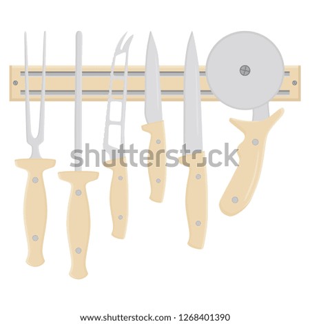 Illustration on theme big colored set different types knives different size for butcher. Knife pattern consisting of collection accessory to butcher in kitchen. Butcher with kitchen knives for meal.