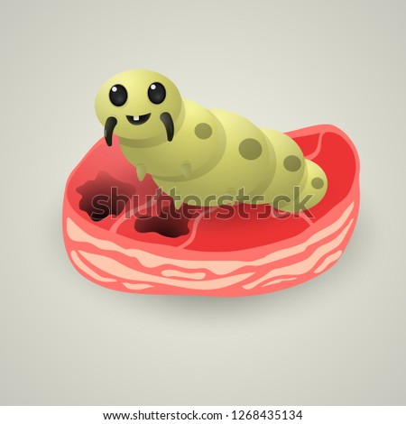 A funny fly larva (maggot) eats a piece of meat. Vector illustration.