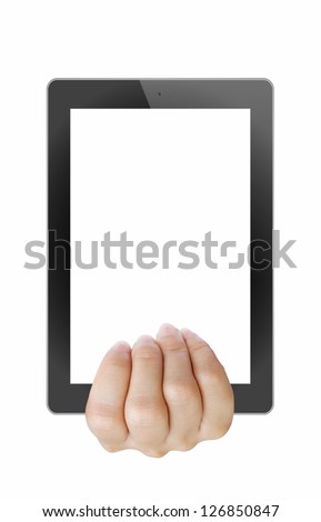 touch pad pc and streaming images buttons on women hand on background white