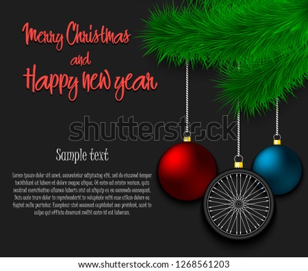Merry Christmas and Happy new year. Bicycle wheel as a Christmas decorations hanging on a Christmas tree branch. Christmas decorations. Frame for text. Vector illustration