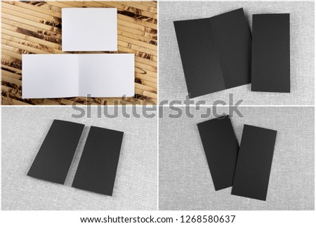 Set of booklets and flyers on gray background