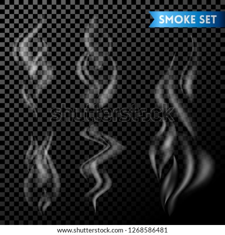 Set of smoke or steam set on transparent background, realistic white waves, fog or mist effect, vector illustration