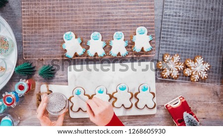 Step by step. Flat lay. Decorating gingerbread cookies with royal icing.