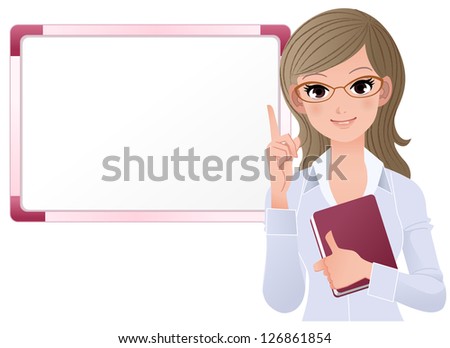 Woman pointing up with index finger over white board.Gradients, Blending tool is used.