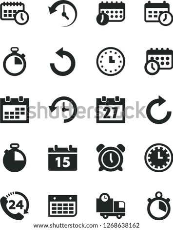Solid Black Vector Icon Set - daily calendar vector, stopwatch, clock face, alarm, clockwise, counterclockwise, timer, delivery, 24, wall, watch, agenda, schedule, history