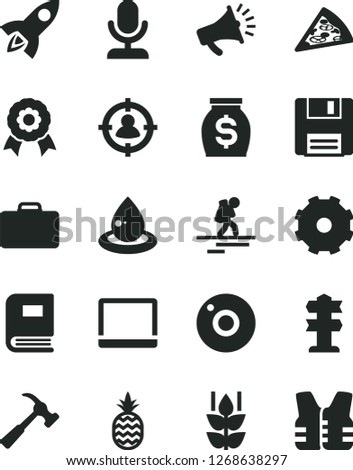 Solid Black Vector Icon Set - truck lorry vector, camera, hammer with claw, piece of pizza, a pineapple, mint, drop oil, man in sight, money, horn, notebook pc, floppy, book, medal, microphone