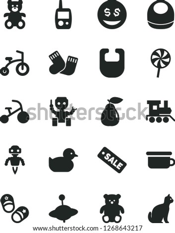 Solid Black Vector Icon Set - bib vector, baby, duckling, warm socks, toy mobile phone, children's potty, teddy bear, small, train, yule, child bicycle, tricycle, shoes, lollipop, pear, season sale