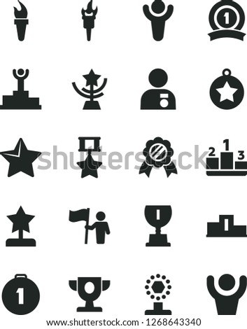 Solid Black Vector Icon Set - star vector, pedestal, flame torch, winner, podium, prize, award, cup, reward, man with medal, hold flag, first place, ribbon, hero, hands up