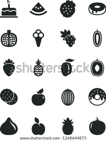 Solid Black Vector Icon Set - cake vector, with a hole, glazed, cone, strawberries, pineapple, apple, biscuit, half pomegranate, grape, apricot, raspberry, fig, melon, delicious plum, ripe