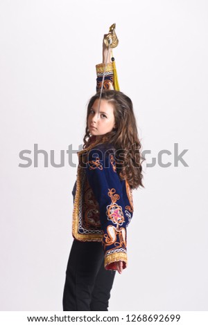 girl with curls and saber in hands on white background