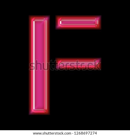 Glowing bright pink shiny glass letter F in a 3D illustration with a smooth reflective effect with a beveled edge stencil font isolated on a black background